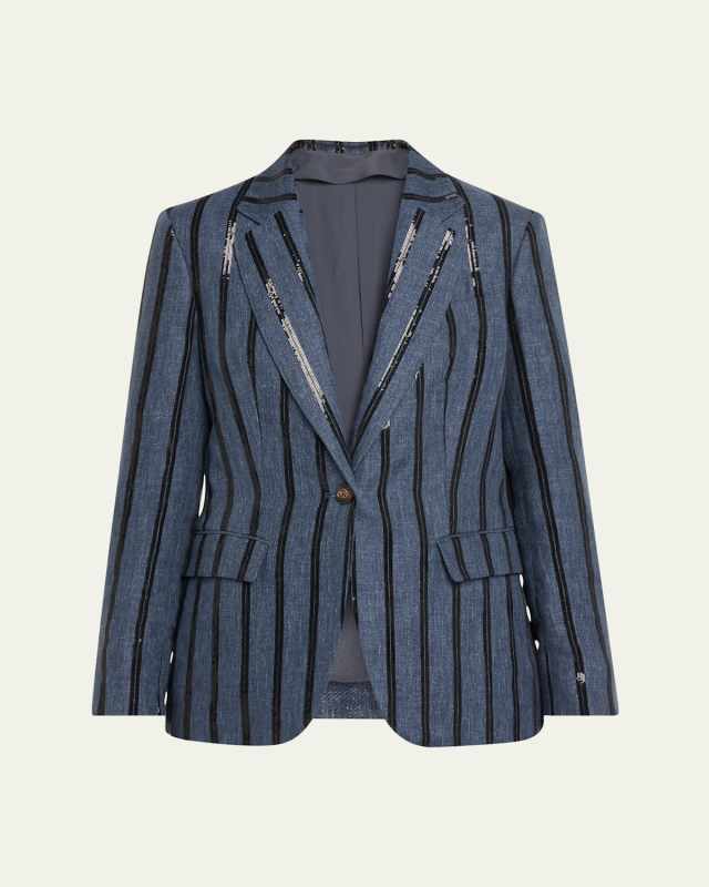 Paillette Striped Denim-Effect Linen Single-Breasted Blazer